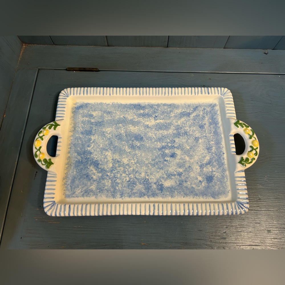 Ceramic Blue and White Floral Handle Tray - Signed & Dated